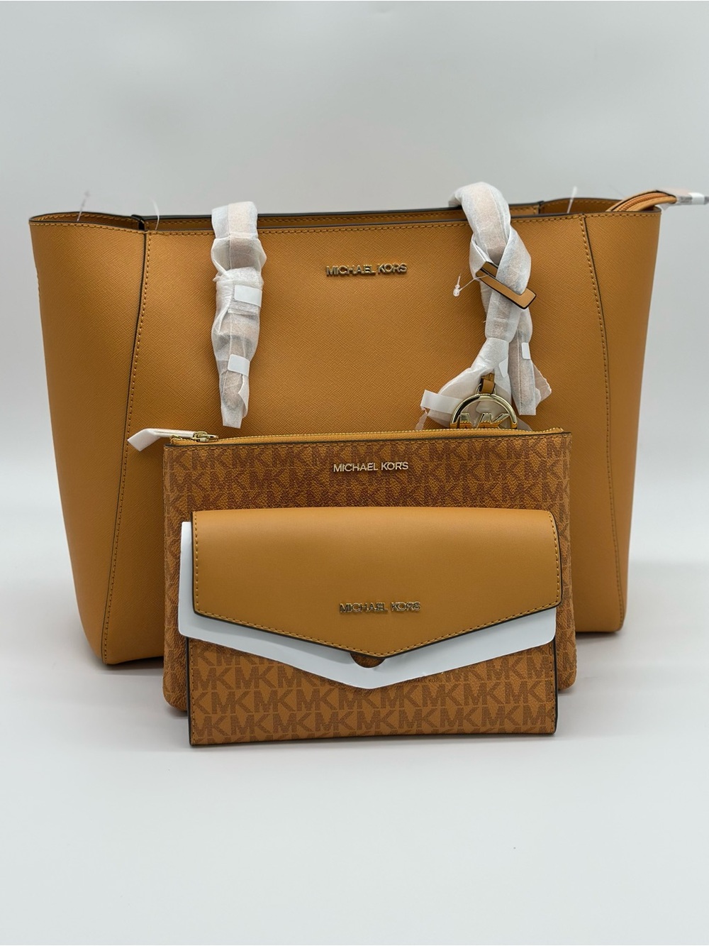 Michael Kors Mustard Tan Saffiano Leather Tote with Matching Wallet Trio